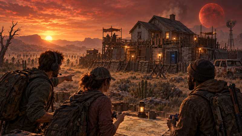 Three survivors share a map beside a fortified farmhouse beneath a blood moon.