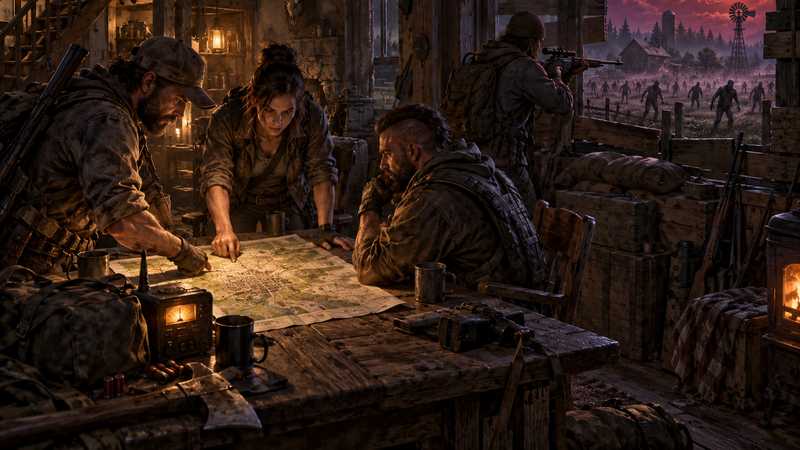 Survivors compare a map at a farmhouse table beneath a red moon.