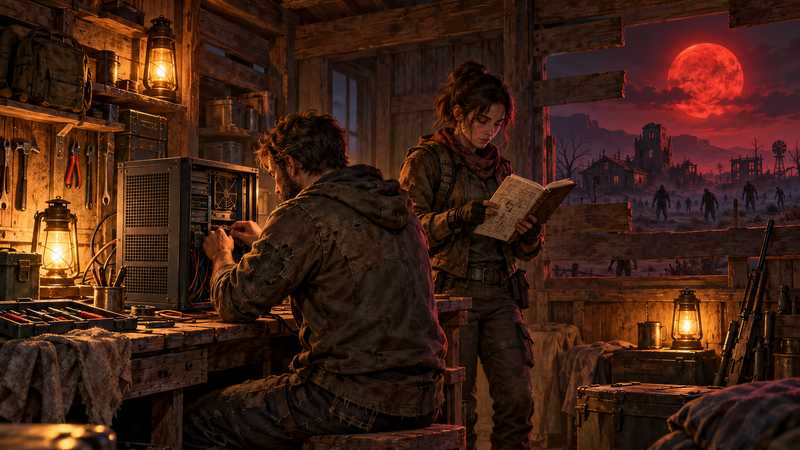 Two survivors maintain a server in a lantern-lit farmhouse as a red moon hangs over a ruined settlement.
