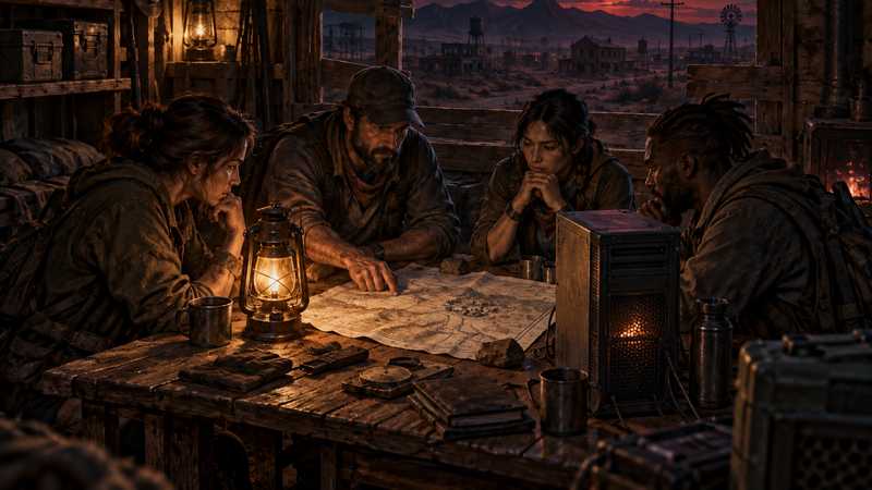 Four survivors study a map beside a compact server tower in a lantern-lit farmhouse under a red moon.