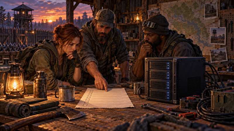 Players compare a mod checklist beside a dedicated server tower in a fortified workshop.