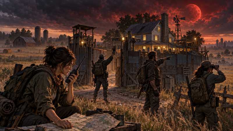 Survivors check a radio and map outside a fortified farmhouse as one scout signals a failed connection.