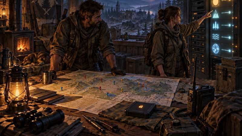 Two survivors review a world map beside a server cabinet in a fortified farmhouse.