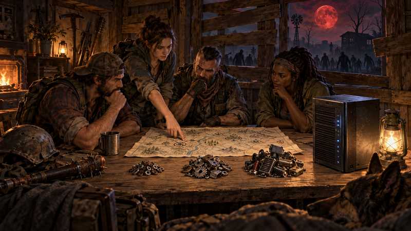 Survivors compare a paper map and salvaged parts in a farmhouse under a blood moon.