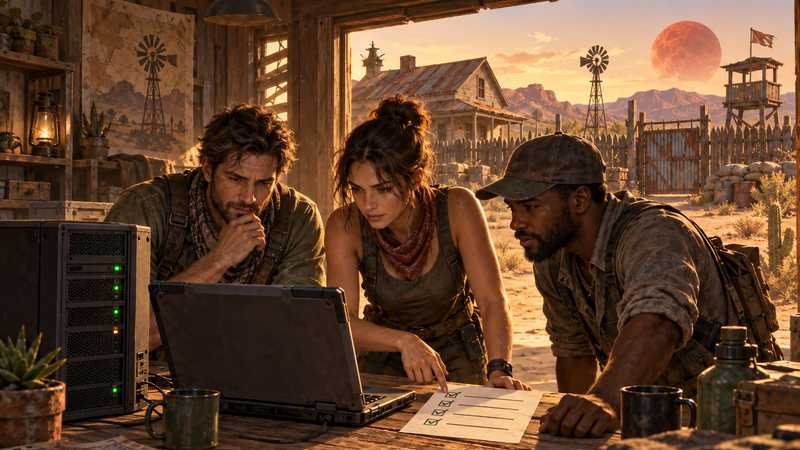 Three survivors review a test checklist beside a laptop and a small server in a desert outpost.
