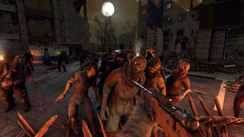 A 7 Days to Die blood moon horde climbing over spike traps toward a player with a rifle