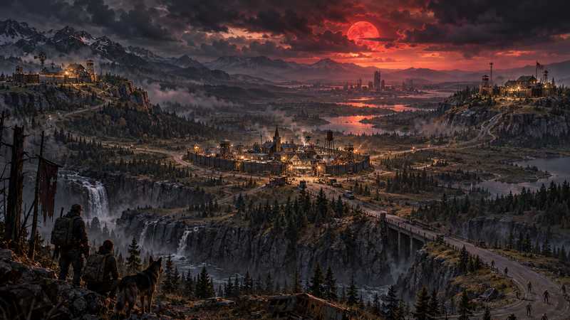 Survivors look across a wide wasteland toward a distant fortified town under a blood moon.
