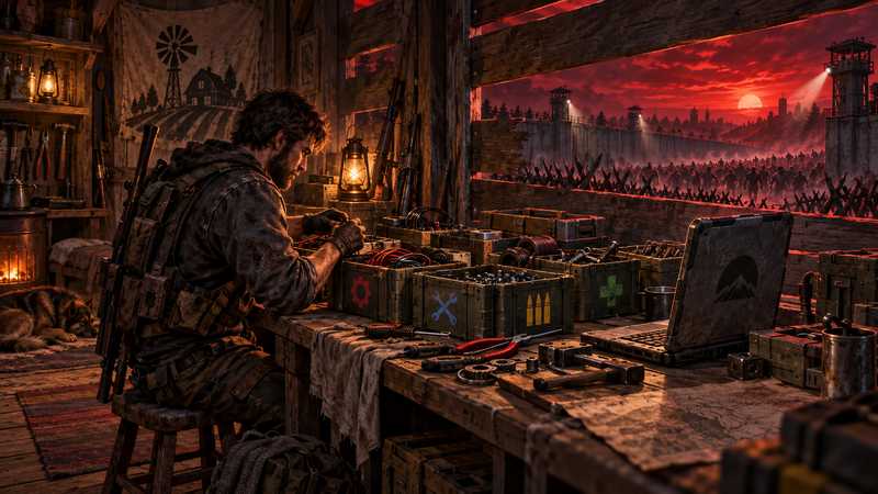 A survivor sorts crates of parts beside a laptop inside a boarded-up farmhouse while a red sky and a distant horde glow through the planks.