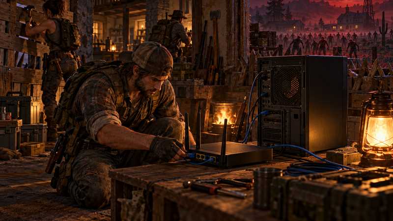 A survivor checks a home router beside a server PC as a blood moon rises over a fortified farmhouse.