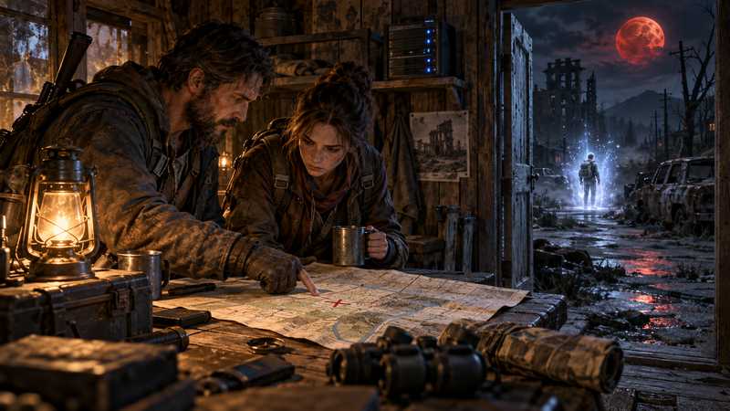 A survivor checks a map at a safehouse as another player appears in a beam of light beyond the barricade.