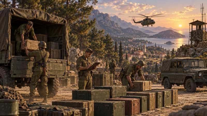 Soldiers unload wooden and metal supply crates from a canvas-covered truck and line them up in rows while one checks a clipboard, with a UAZ, a watchtower, a hillside village, the sea and a helicopter at sunset behind them.