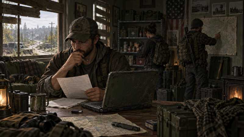 A survivor administrator checks mod notes beside a rugged laptop in a boarded-up Kentucky safehouse.