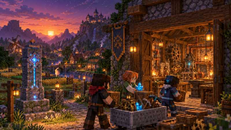 Three blocky players unload a minecart full of crates, brass gears, glowing blue crystals and pickaxes into a lantern-lit workshop with copper pipes and cogwheel machines, beside a glowing stone pillar, a village, a river and a castle under a purple dusk sky.