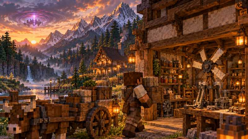 A settler carries a stack of wooden crates from an ox cart into a timber workshop full of new tools and a half-built windmill, with a river valley, snowy peaks and a swirling storm in the dusk sky behind.