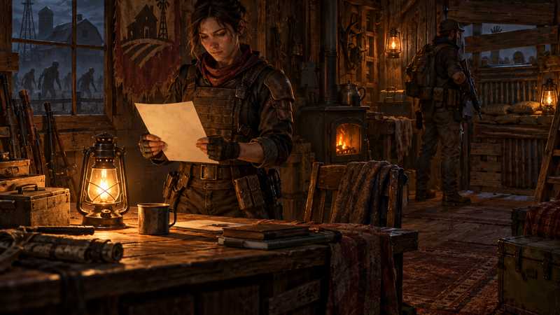 A survivor moderator studies a blank roster in a lantern-lit outpost while a teammate watches the barricaded entrance.