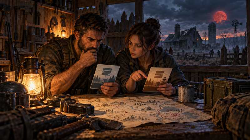 Two survivors compare server plan cards and a hand-drawn route map inside a lantern-lit farmhouse.