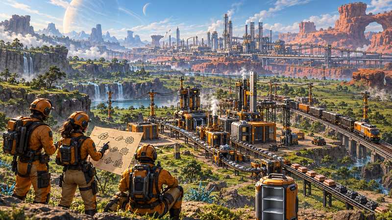 Three orange-suited engineers compare a factory plan beside a railway and a growing alien-planet factory.