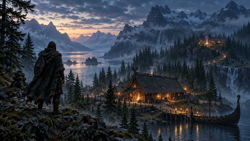 A cloaked traveler looks across a fjord toward an amber-lit Norse longhouse and forest camps.