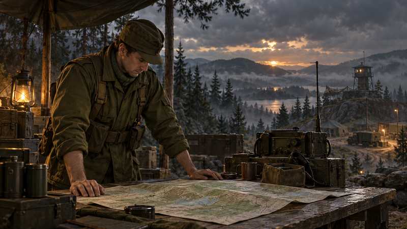 A server administrator checks a field map beside a rugged radio in a Reforger outpost.