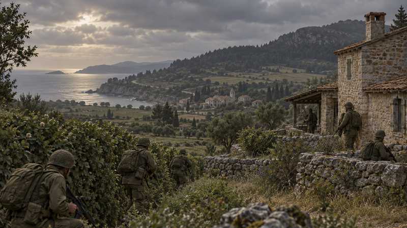 Arma Reforger soldiers move through a coastal village toward a clan practice objective.