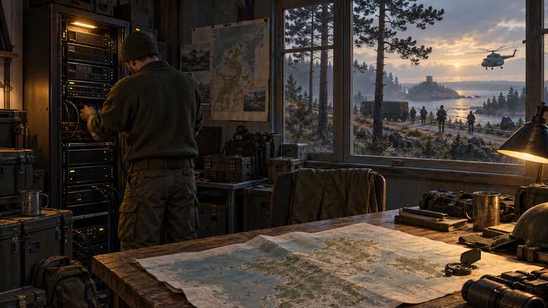 A small server room overlooks an island operations map as a technician checks a rack beside an open window.