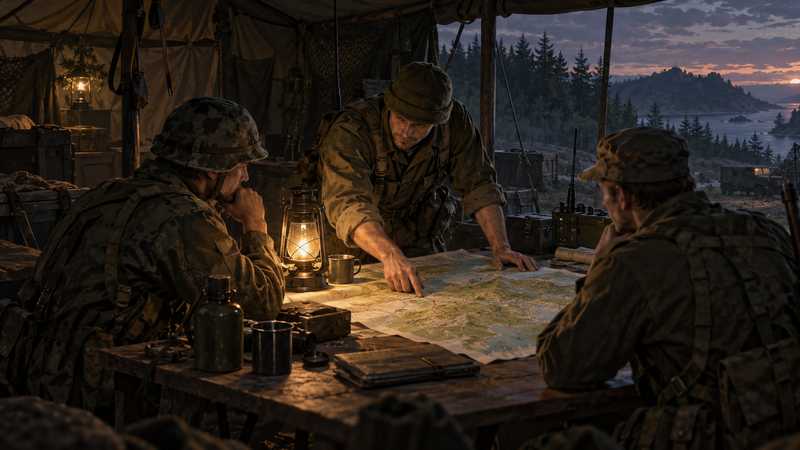 Three soldiers plan a field exercise around a paper map in a dusk-lit command tent.