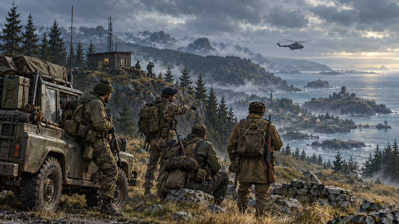 A squad and military truck cross a coastal island beneath a helicopter at dusk.