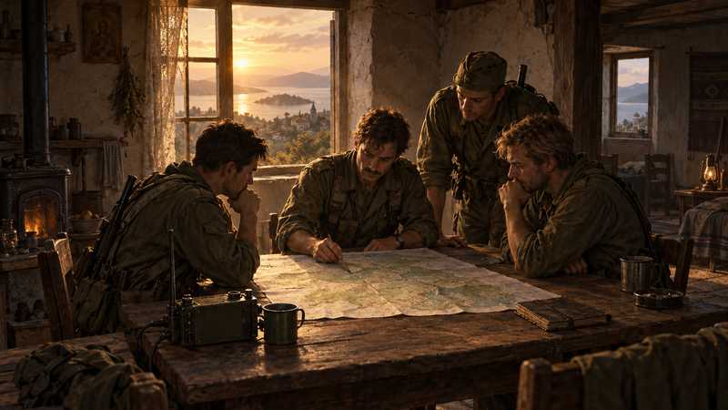 A small group of soldiers plans a co-op operation around a paper map.