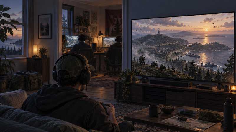 A console player views an island operation while friends play at PC desks in the next room.