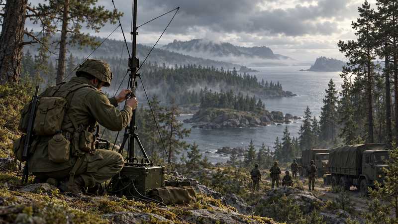 A field radio operator checks a portable antenna while a squad waits across a forested island.