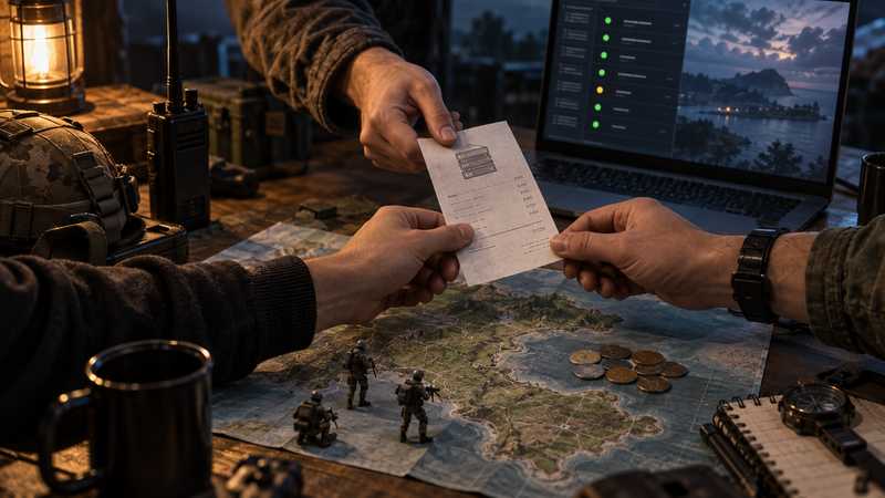 Friends split a monthly server bill over a tactical map beside a laptop with a generic server dashboard.