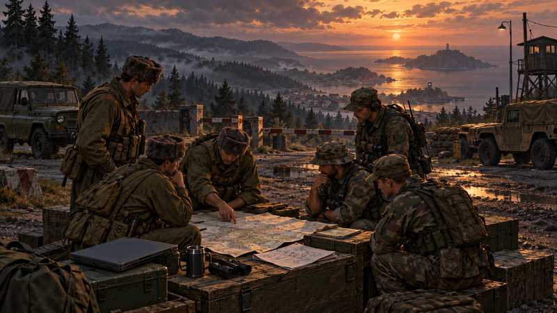 Two Cold War squads review a paper terrain map at an Everon checkpoint before a joint operation.