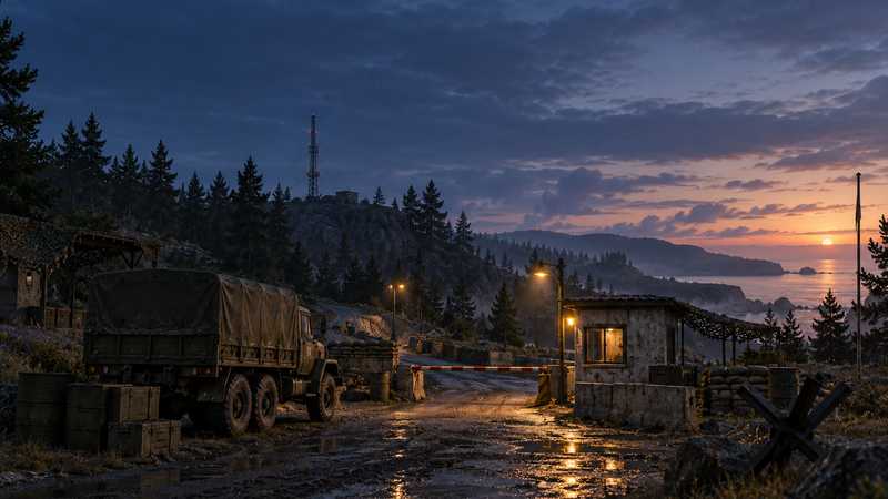 A quiet island outpost at dawn, with a checkpoint road leading past a parked transport truck.