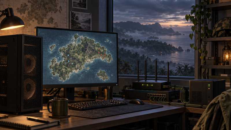 A compact home PC running an Arma Reforger-style field operations server beside a monitor showing a fictional island map.