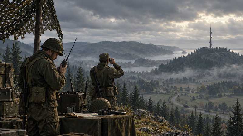 Two soldiers check a field radio and a communications mast across a misty Everon valley.