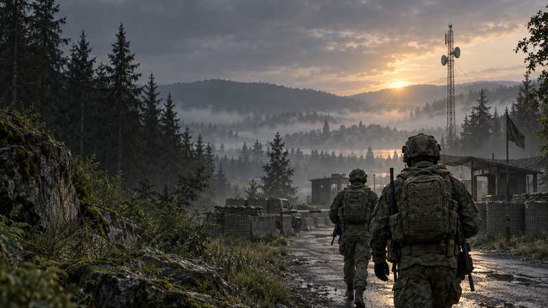 Two soldiers approach a misty forest checkpoint at sunrise, representing an Arma Reforger group session.