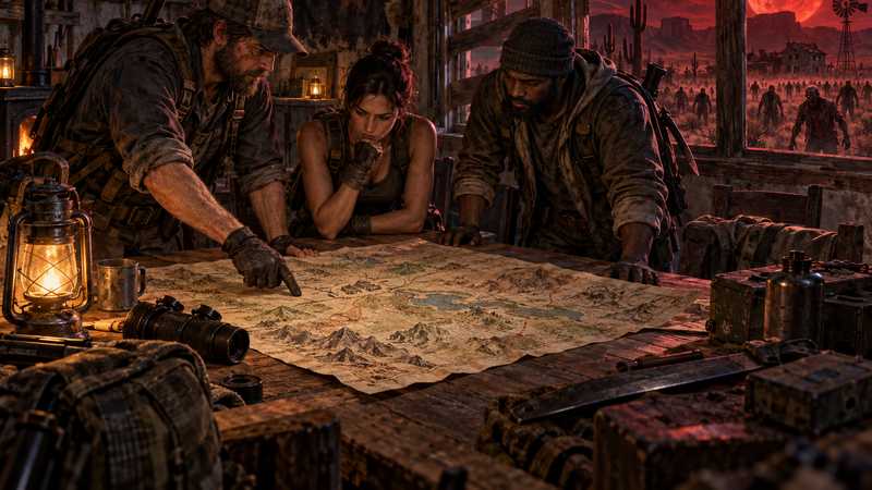 Three survivors compare a world map inside a fortified farmhouse beneath a red moon.