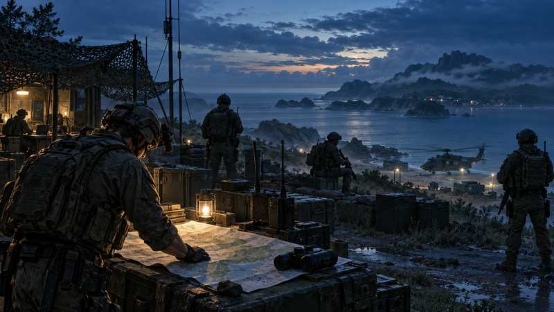 Soldiers study a terrain map at a coastal encampment as a helicopter waits offshore.