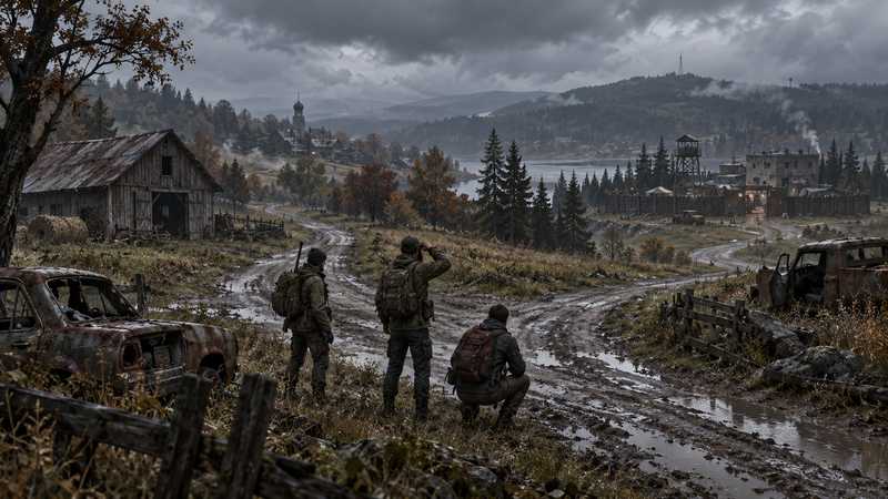 Three survivors stand at a muddy road junction near a rusted car and a weathered barn under a grey sky.
