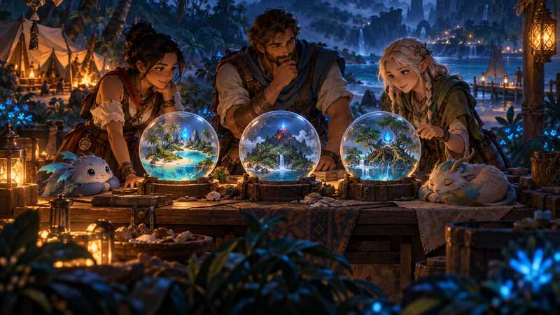 Three adventurers compare glowing miniature island habitats on a campsite workbench beside small fantasy creatures.