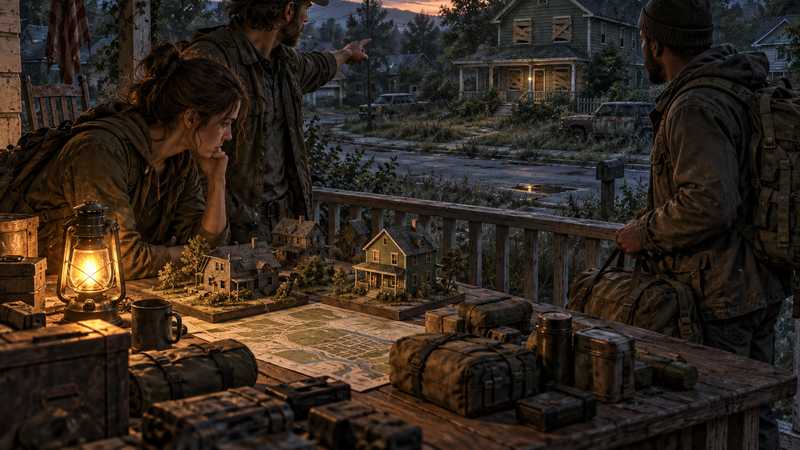 Three survivors compare model safehouses and supplies on a lantern-lit porch overlooking a boarded-up Kentucky neighborhood.