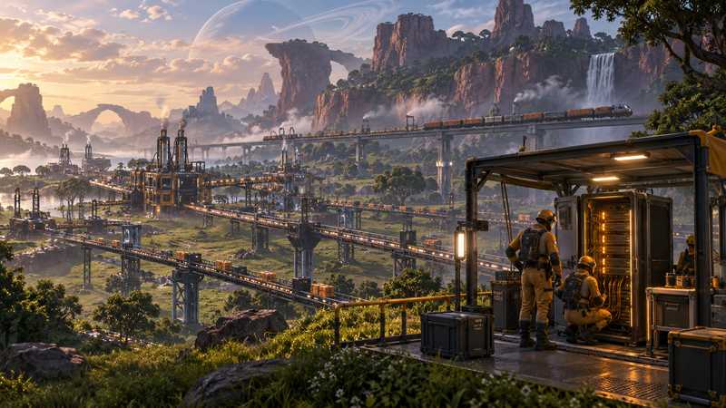 Two pioneers study a field server cabinet as trains cross above a sprawling alien factory.