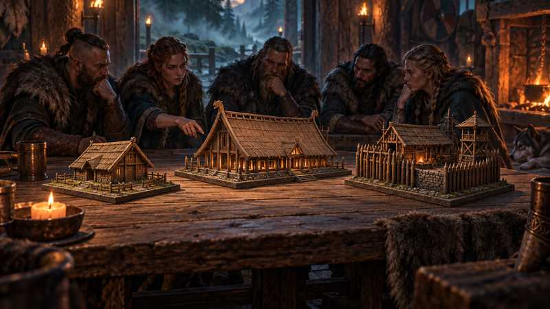 Five Norse travelers compare three miniature wooden longhouses on an oak table beside a glowing hearth and a forest doorway.