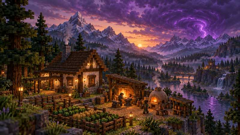 A timber-and-stone homestead glows beside a river in a block-built wilderness valley at sunset, with a dramatic purple storm spiraling over distant mountains.