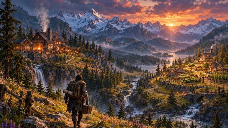 A traveler follows a valley path between two timber-and-clay homesteads, carrying a small chest and map.
