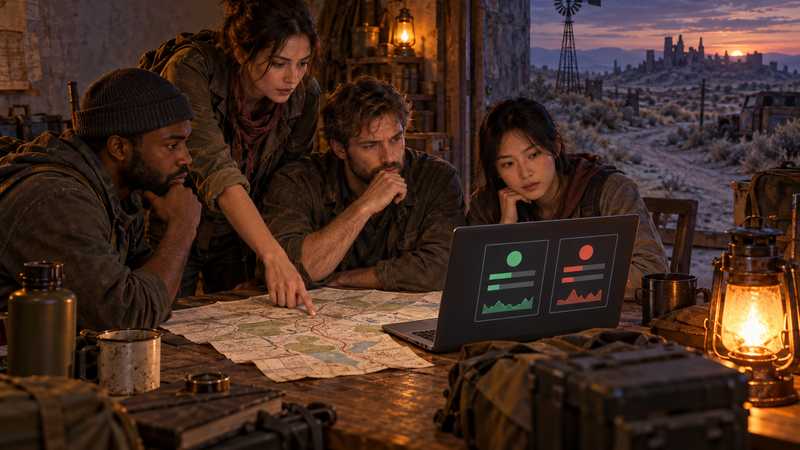 A group in a desert safehouse compares server options while planning a shared survival world.