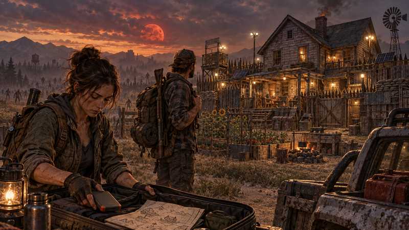 Two survivors pack a drive and a map before leaving their fortified base beneath a fading red moon.