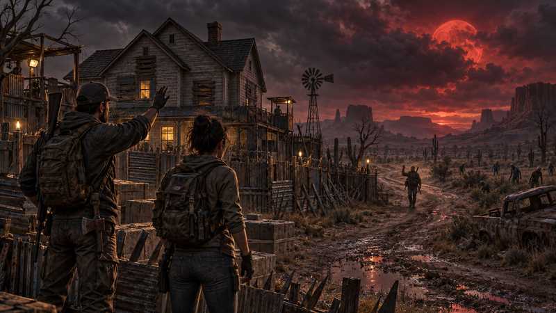 Two survivors wait outside a fortified farmhouse as a friend approaches along a muddy road.