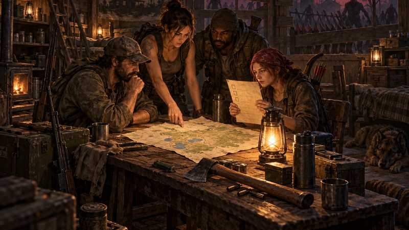 Friends compare a handwritten server checklist and map in a fortified farmhouse beneath a distant blood moon.