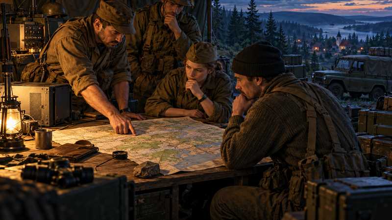 A squad studies a paper map at a field command post beside an Arma Reforger island landscape at dusk.